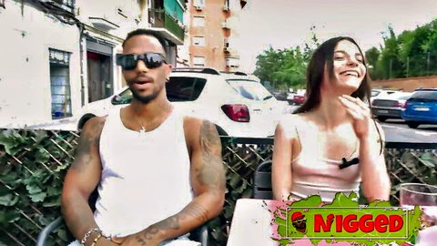Petite Massy Enchanting smiles with tattooed ebony stud outdoors