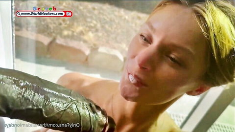 Blonde babe with big tits sucking massive veiny black cock by the pool