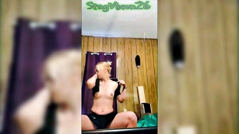 Blonde amateur wife exposing tits and spreading legs in mirror selfie