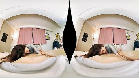 Asian babe in VR prone pose, exposing nude curves on bed