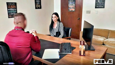 Brunette MILF in checkered blouse interviews with boss at office desk