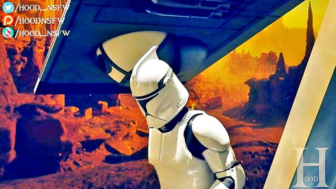 Stormtrooper in white armor saving Senator Amidala in fiery Star Wars scene