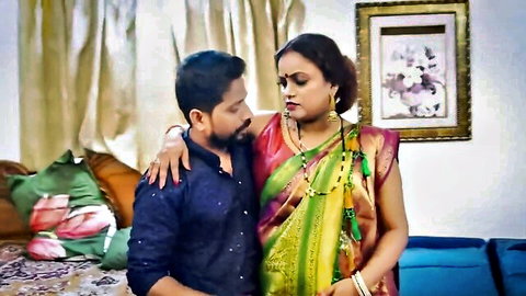 Indian mommy in green saree embracing lover passionately, thrilling sex clip preview