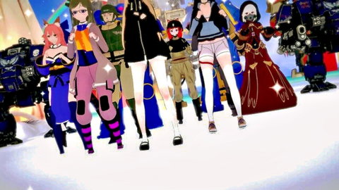 Sexy anime girls in masks, thighhigh stockings and skimpy outfits strutting with giant mechs