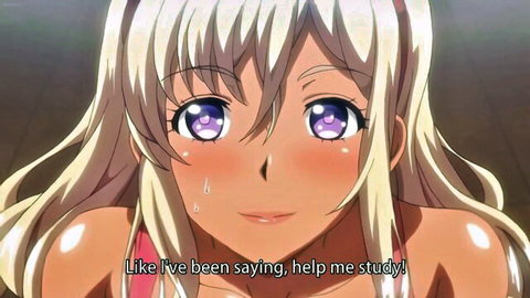Blushing anime girl Chii-chan with teary blue eyes and white hair in pink top