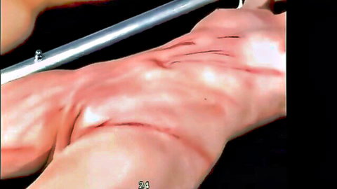 Two young bound women tortured side by side with wounds and horror cries