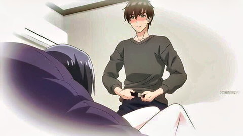Anime couple in suggestive bedroom encounter, guy standing over seated girl