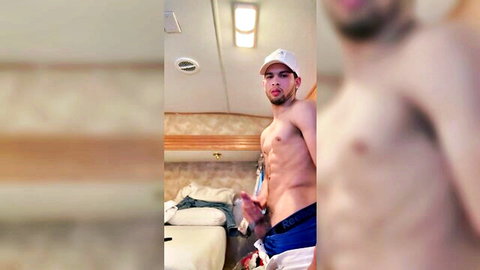 Muscular Hispanic guy masturbating his big cock solo