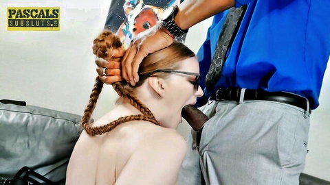 Erin Everheart deepthroating big black cock with hair pulled in rough oral action