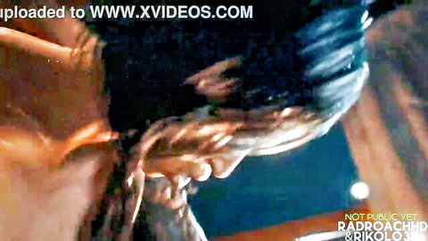 Blurry closeup of sexy brunette's parted lips and neck during steamy blowjob action