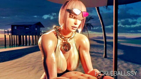 Busty anime babe with huge shiny tits spilling from gold bikini on tropical beach at sunset