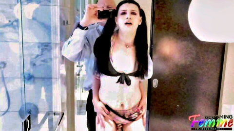Alice Crystal sissy in black lingerie behind the scenes bathroom photoshoot