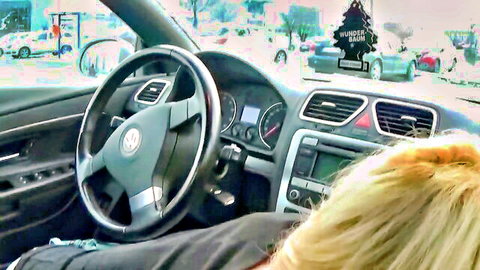 Blonde MILF in car sucking dick for job promotion, cum mouth scene