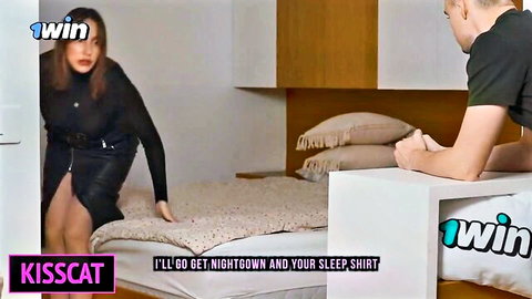 KissCat as horny stepmom in black dress teases stepson on shared bed
