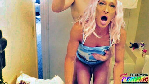 Pink-haired Doja in blue dress during intense POV bathroom sex with partner