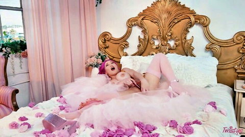 Lily Lou masturbating seductively with toy in pink stockings and tulle
