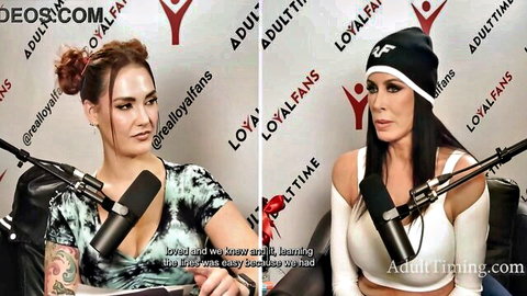 Busty tattooed MILF and big tits babe in cleavage-revealing tops during LoyalFans adult interview