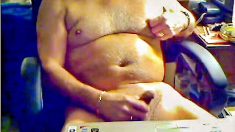 Hairy grandpa masturbating on cam, cumming and tasting his load