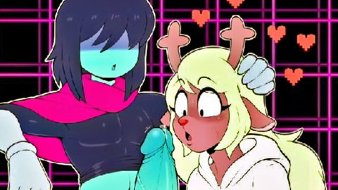 Noelle reindeer girl touching Kris in steamy Undertale hentai scene, blushing arousal