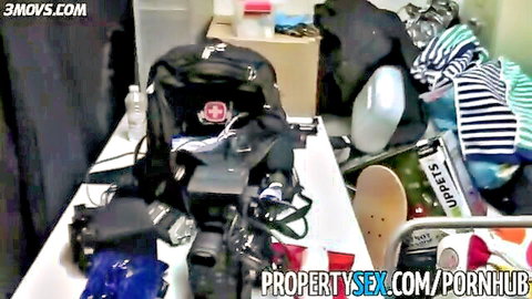 Cluttered PropertySex porn studio table with cameras, backpacks, skateboard, clothes and gear ready for hardcore shoots