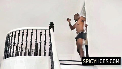 Muscular black man in shorts on staircase, Nia Bleu BBC milf video thumbnail