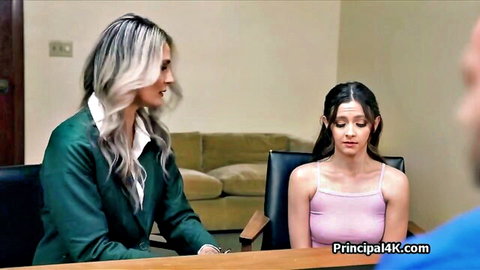 Blonde MILF in suit and brunette teen in tank top in principal's office threesome setup