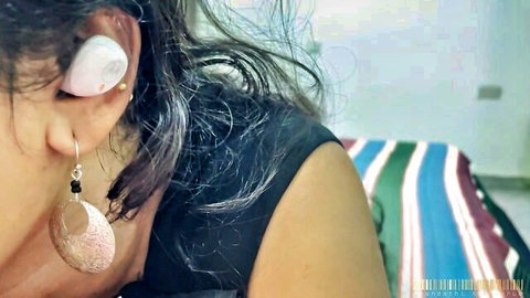 Arundathi X, Sri Lankan stepsis with earbud on hot call, teasing blowjob vibe