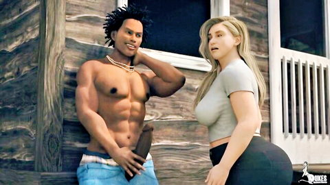 Blonde PAWG camp counselor poses with muscular BBC thug in jeans