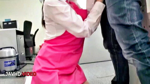 JAV maid in pink apron bent over office desk grabbed by man for doggy style sex