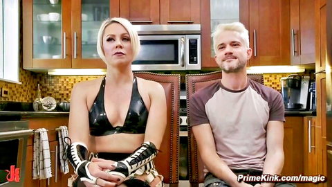 Blonde MILF in latex dominates submissive blond guy in femdom scene