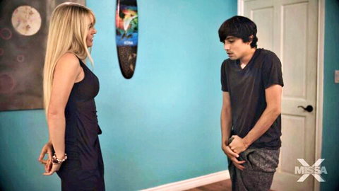 Blonde stepmom in black dress seduces shy stepson
