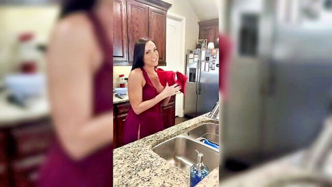 Alyssia Vera as stepmom in sexy red dress, teasing smile