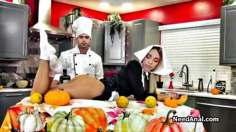 Blonde nun in stockings gets hard anal from chef on table