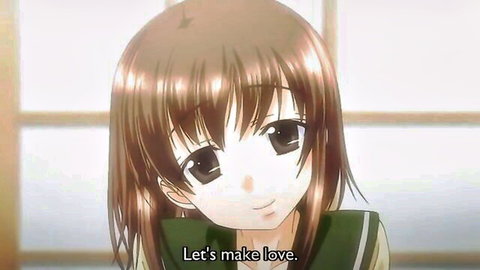 Cute anime teen schoolgirl in green uniform smiles seductively saying let's make love