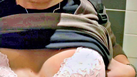 Julie flashing lace bra cleavage in public bathroom