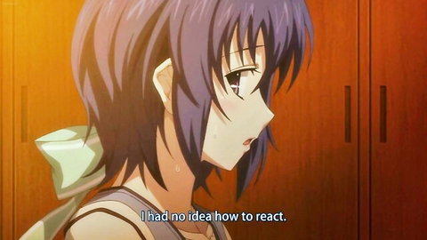 Purple-haired anime schoolgirl in tank top, surprised in locker room