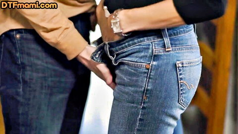 Big titted MILF jeans pulled down for missionary vaginal fuck
