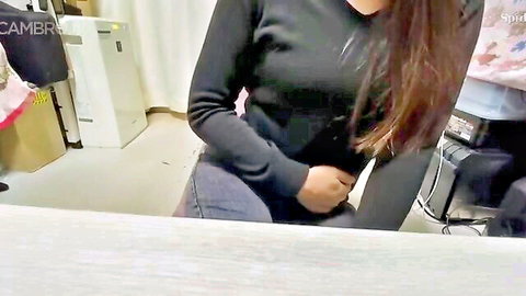 Asian woman in black top and jeans, solo fart fetish clip