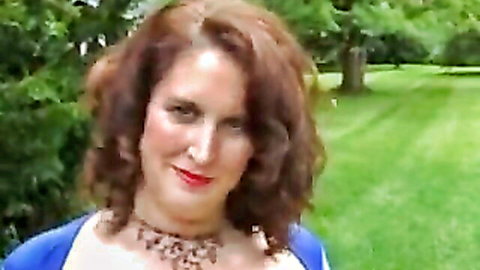Dusty Rose mature redhead PAWG smiling outdoors in blue top