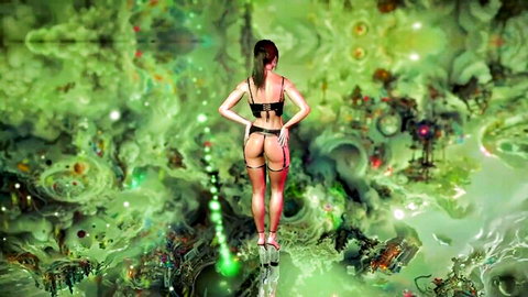 Fit ponytail brunette in black garter lingerie teases big ass cheeks from behind in neon green sci-fi glow