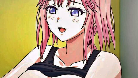 Pink-haired hentai girl with big tits spilling from black top and ahegao blush face