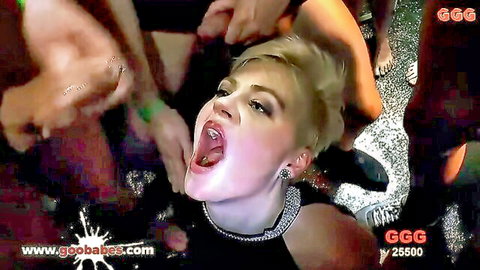 Curvy blonde babe in gangbang facial cumshot scene from German Goo Girls