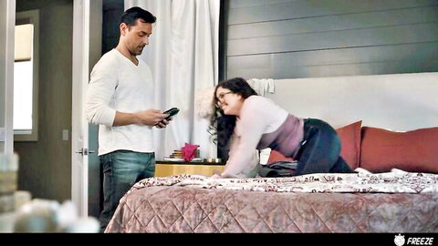 DILF stepdad stands behind curvy stepdaughter on bed in doggy pose with pants down exposing thick ass
