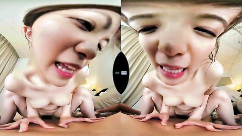 Naked Asian babe crawls on all fours in fish-eye VR POV exposing hanging tits and shaved pussy
