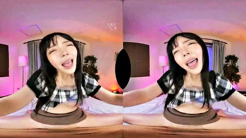 Japanese vixen in open checkered top exposes huge tits sticking tongue out on bed POV