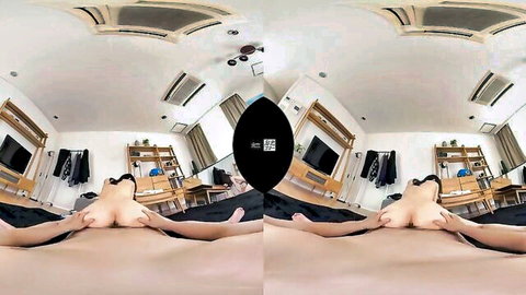 Japanese housewife brunette spreads legs in steamy VR solo scene