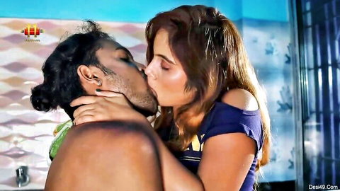 Passionate Indian couple kissing in plumber sex scene from Strangers (2020)