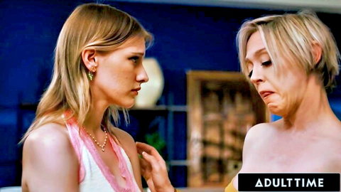 Dee Williams topless comforts Melody Marks in lesbian scissoring scene