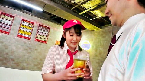 Aira Hanasaki in bar uniform serving beer, smiling at customer