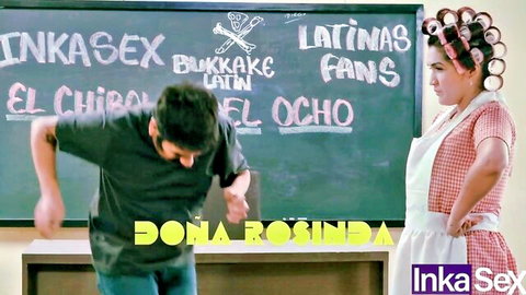 Latina Dona Rosinda in apron curlers poses by bukkake blackboard with bending guy in classroom